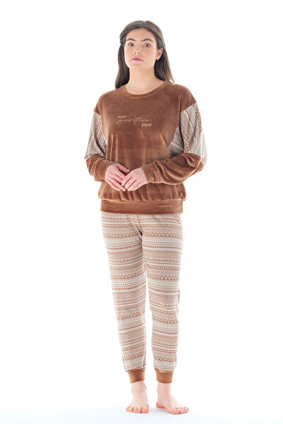 Feyza Pijama Kadın Düşük Omuzlu Etnik Desenli Pijama Takımı