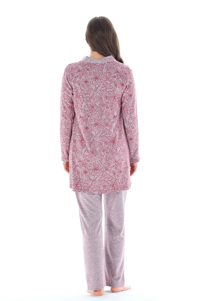 Feyza Pijama Kadın Yakası Düğmeli Çicek Desenli Jakarlı 3'lü Pijama Takımı