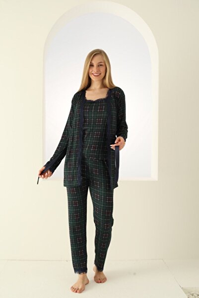 Lunaberry Dowry Set, Rope Strap, Belted, Patterned, Lace Detailed, 3-Piece Women's Pajama Set with Dressing Gown, 4 Seasons