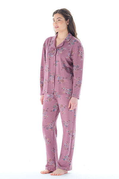 Feyza Pijama Kadın Klasik Çicek Desenli Önden Düğmeli Pijama Takımı