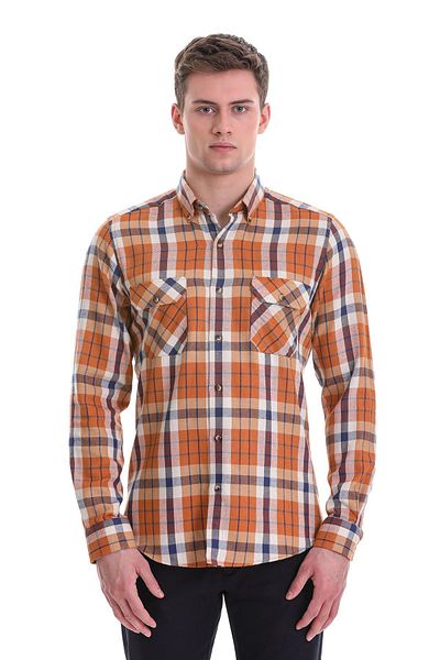 Hatemoğlu Πορτοκαλί Slim Fit καρό 100% βαμβακερό γιακά με κουμπιά μακρυμάνικο casual πουκάμισο