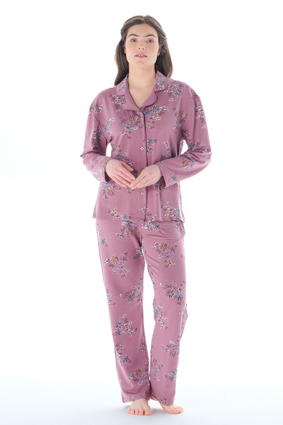 Feyza Pijama Kadın Klasik Çicek Desenli Önden Düğmeli Pijama Takımı