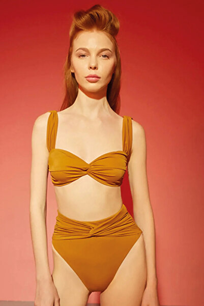 Shikoo Swimwear Drapeli Yüksek Bel Hardal Bikini Takımı