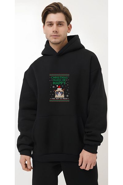 Edizen New Year Special Christmas Make Me Happy 2024 Oversize Premium 100% Cotton Hooded Sweatshirt