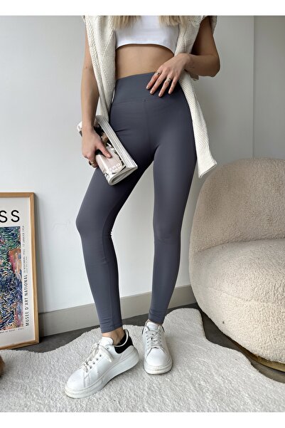 schlank Women's Anthracite Fleece Inside Ribbed High Waist Wide Belt Gathering Leggings