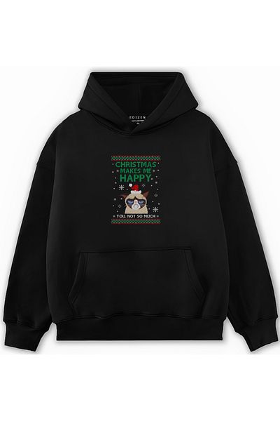 Edizen New Year Special Christmas Make Me Happy 2024 Oversize Premium 100% Cotton Hooded Sweatshirt