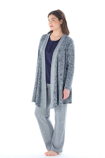 Feyza Pijama Γυναικείο Σετ Πυτζάμες 3 τεμαχίων Ζακάρ με λουλούδια με κουμπιά
