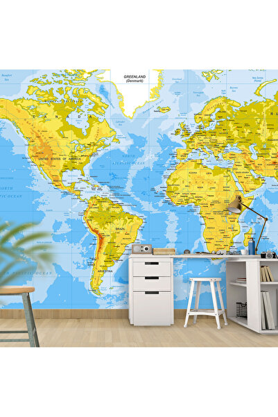 Plustablo Dünya Haritası Güncel Canlı Renklerde Ülkeler Kıtalar ve Denizler Duvar Kağıdı