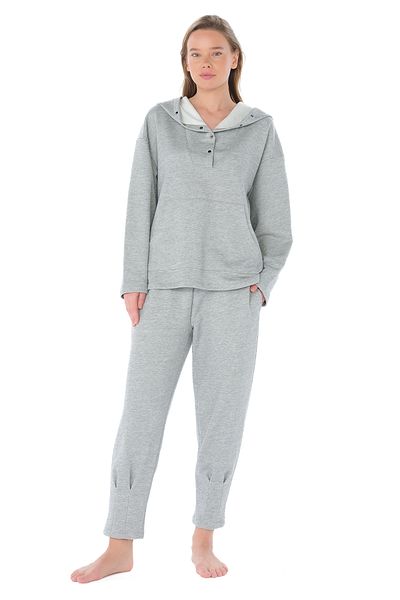 Feyza Pijama Women's Hooded Pajama Set with Snap Collar and Leg Detail