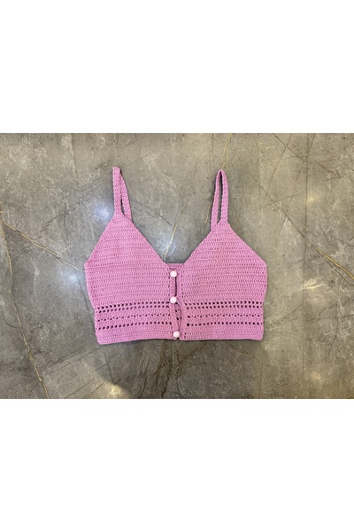 izelticaret El Örgüsü Pembe Askılı Crop Büstiyer