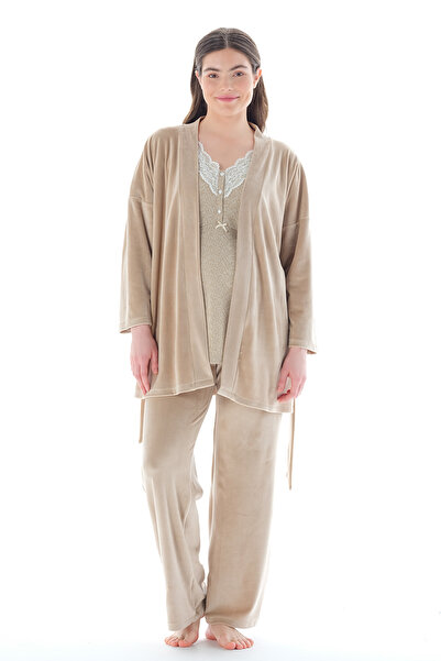 Feyza Pijama Kadın Yakası Düğmeli Dantel Detaylı Belden Kuşaklı Modal 3'lü Lohusa Pijama Takımı