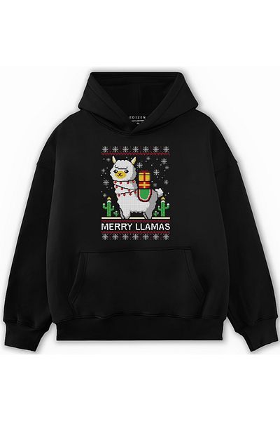 Edizen Πρωτοχρονιάτικο Special Merry Llamas 2024 Oversize Premium 100% βαμβακερό φούτερ με κουκούλα