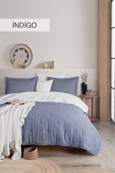 İyi Geceler İstanbul DOUBLE SIDED SOFT DREAMS NATURAL DOUBLE PERSON QUILT BED COVER SET INDIGO