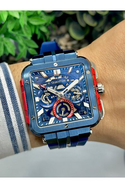 Quantum Brand Multifunction Rectangle Model 5ATM Waterproof Silicone Cord Stylish Men's Wristwatch