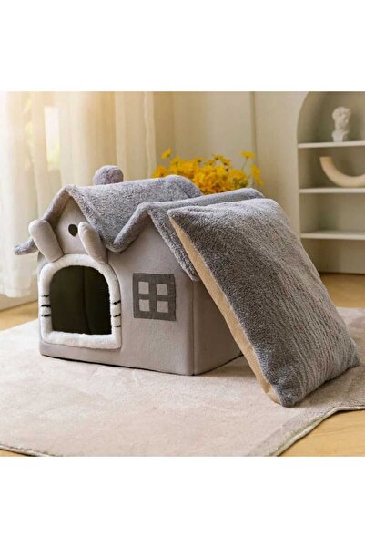 TİNEKE Kedi Evi Yumuşak Kedi Yatağı Derin Uyku Ve Kış Evi Çıkarılabilir Minder -villa (GRİ) 1 Adet