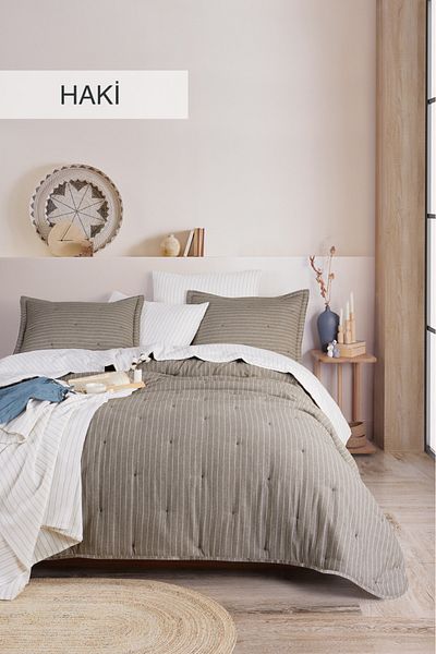 İyi Geceler İstanbul DOUBLE SIDED SOFT DREAMS NATURAL DOUBLE PERSON QUILT BED COVER SET KHAKI