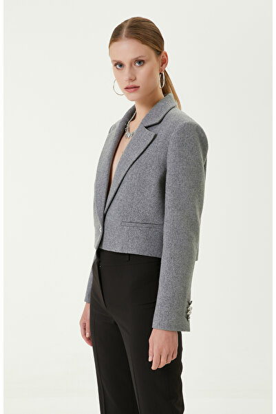 Network Çizgili Gri Crop Blazer Ceket