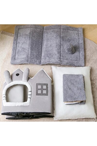 TİNEKE Kedi Evi Yumuşak Kedi Yatağı Derin Uyku Ve Kış Evi Çıkarılabilir Minder -villa (GRİ) 1 Adet