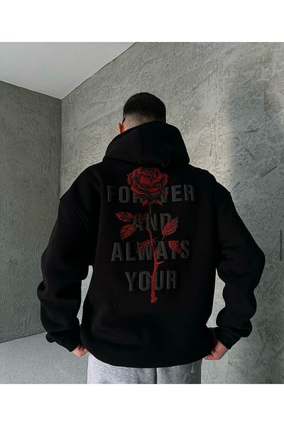 Benisengiydir سويت شيرت أسود بغطاء للرأس مطبوع عليه عبارة "Forever And Always Your Rose" للجنسين