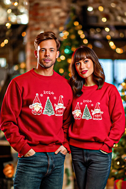 NİCE New Year's Themed Lover Couple Combination Double Red Sweatshirt