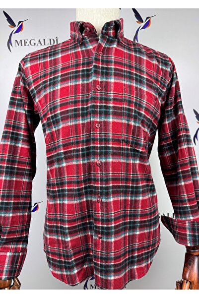 MEGALDİ Erkek Klasik Kesim Kırmızı Oduncu Cepli Gömlek