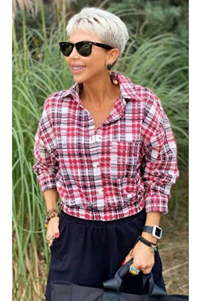 EDZ Women's Red Plaid Model Elastic Waist Crop Seasonal Coat