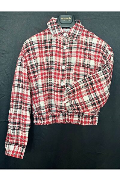 EDZ Women's Red Plaid Model Elastic Waist Crop Seasonal Coat