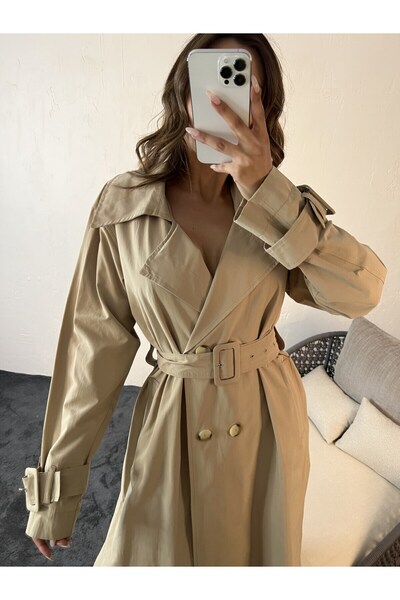Pubblica Kadın Bej Kruvaze Yaka Geniş Kesim Oversize Bel Ve Kol Kemer Detaylı Uzun Trençkot