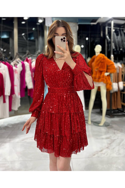 missswans Sierra Pullu Arkası Dekolte Mini Abiye Kırmızı