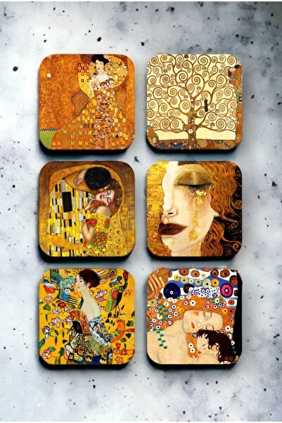 fırsatlar diyarı Gustav Klimt Eserleri Ahşap Bardak Altlığı Seti 6 Adet