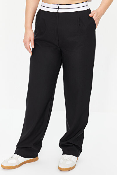 Trendyol Curve Velké černé kontrastní bílé široké nohavice s detailem v pase - TBBAW24AR00031