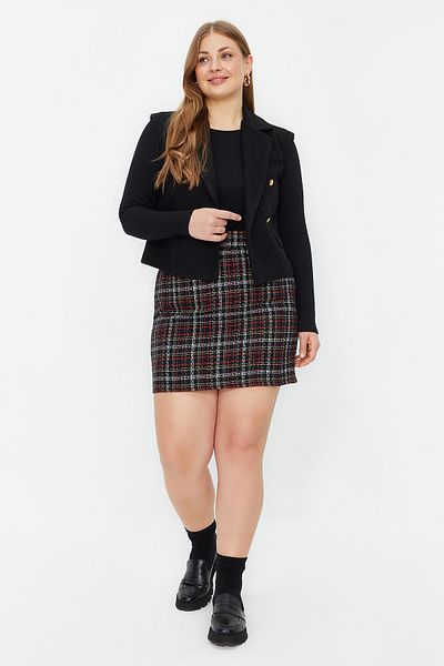 Trendyol Curve Nagy méretű fekete kockás tweed szoknya - TBBAW24AZ00003