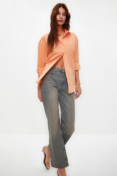 Trendyol Collection Světle oranžová tkaná bavlněná košile Boyfriend s jednou kapsou TWOAW20GO0115