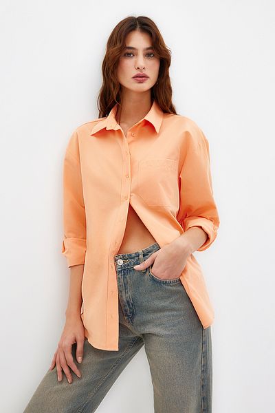 Trendyol Collection Světle oranžová tkaná bavlněná košile Boyfriend s jednou kapsou TWOAW20GO0115