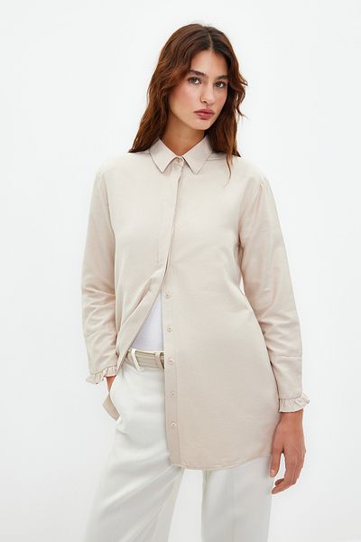 Trendyol Modest Beige Ruffle Denim Look Woven Cotton Shirt TCTSS23TG00042