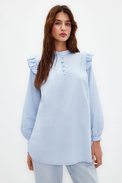 Trendyol Modest Světle modrá tkaná košile z bavlněné směsi TCTSS24UK00005
