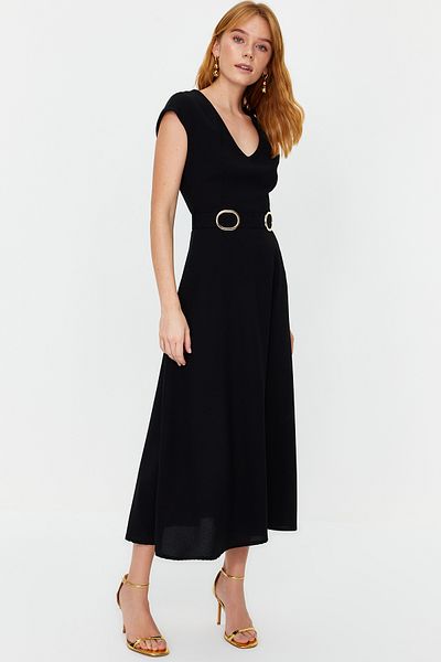 Trendyol Collection Czarna spódnica z paskiem i odcięciem w talii Sukienka Midi z krepy TWOSS24EL00018