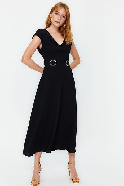 Trendyol Collection Czarna spódnica z paskiem i odcięciem w talii Sukienka Midi z krepy TWOSS24EL00018