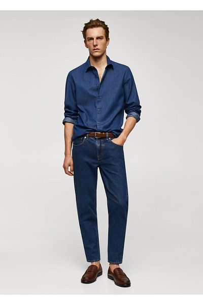 MANGO Man Βαμβακερό πουκάμισο Chambray με λεπτή εφαρμογή