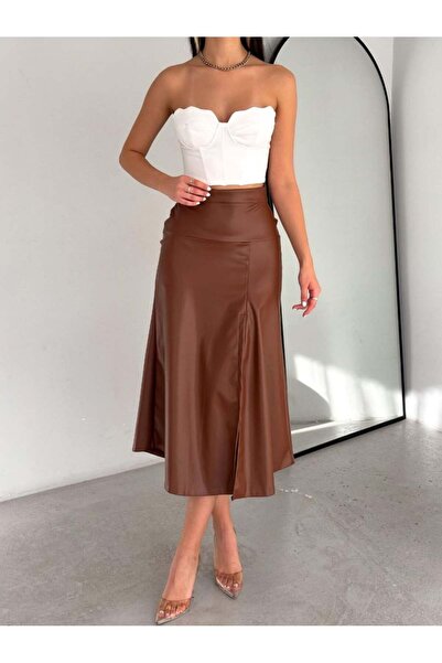 Mekafashion Berlin Ön Yırtmaç Detay Deri Midi Etek 3668 TABA