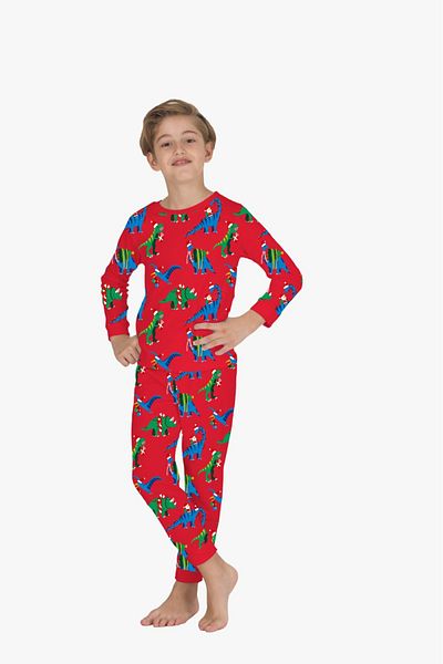 elmas kids Boy's 100% Cotton Red Dinosaur Themed Long Sleeve Pajama Set