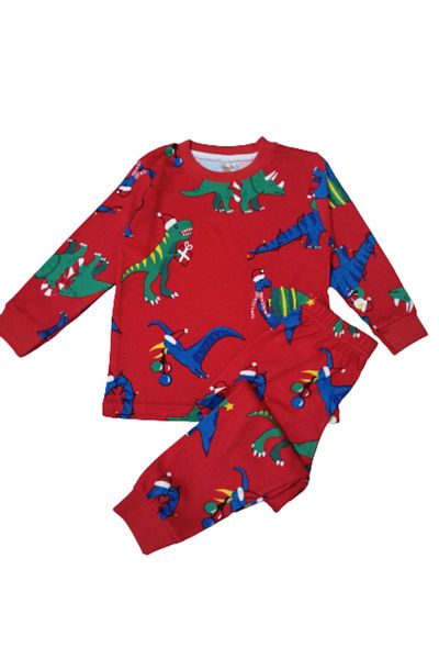 elmas kids Boy's 100% Cotton Red Dinosaur Themed Long Sleeve Pajama Set