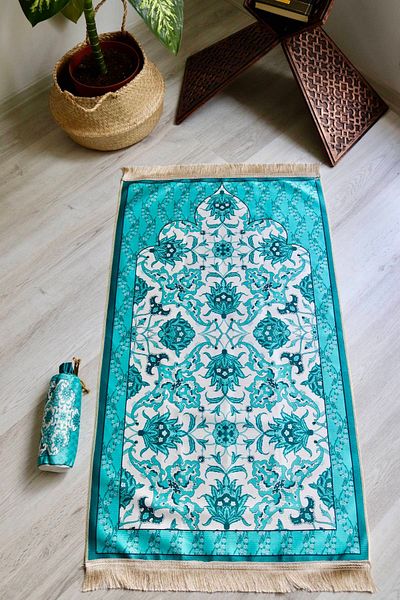 Bilenler Portable Silk Textured Pouch Prayer Rug S1031 Blue Color