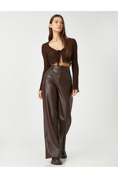 Koton Leather Look Trousers High Waist Wide Leg Button Pocket Detailed