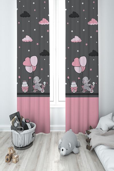 LİDERHOME LEADER HOME BABY AND KIDS ROOM Pink Bicycle Balloon and Elephant Patterned 2 Wing Background Curtain