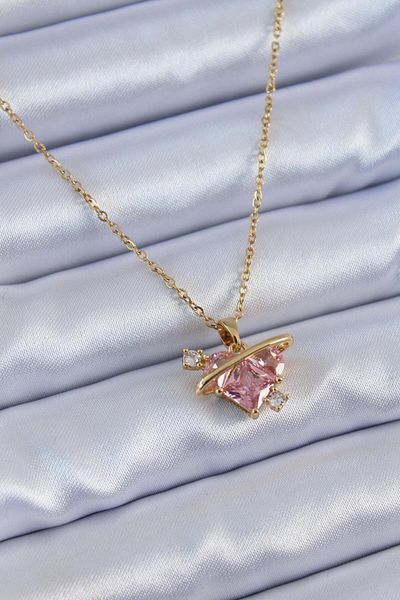 Trendhane Steel Gold Color Pink Crystal Heart Model Zircon Stone Detail Women's Necklace