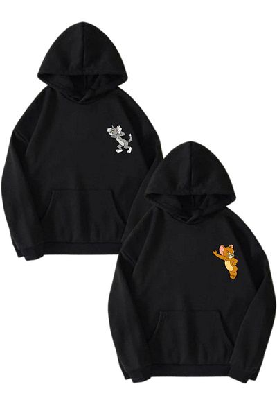 DUBU BUTİK Φούτερ 2 τεμαχίων Angry Tom and Jerry Lover Combination - Μαύρη στάμπα Winter Oversize Hoodie