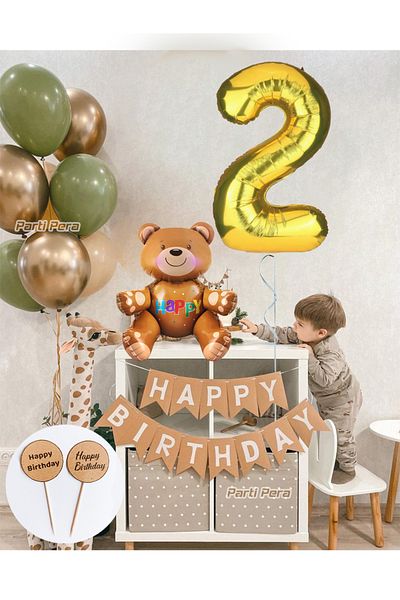 parti pera Kraft Happy Birthday Text Number Foil Balloon Bear Foil Balloon Set