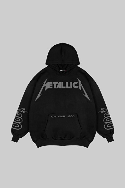 Sokak Butik Metallica Tour 1985 Baskılı Siyah Rahat Kalıp Kapüşonlu Sweatshirt