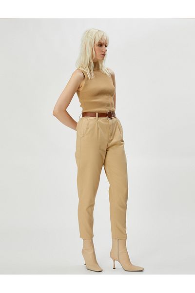 Koton Carrot Trousers with Gabardine Fabric Belt Detail and Slightly Tapered Leg Pockets
